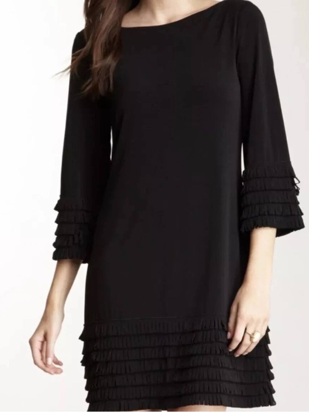 Donna Morgan Black Dress with Fringe Hem and Sleeves